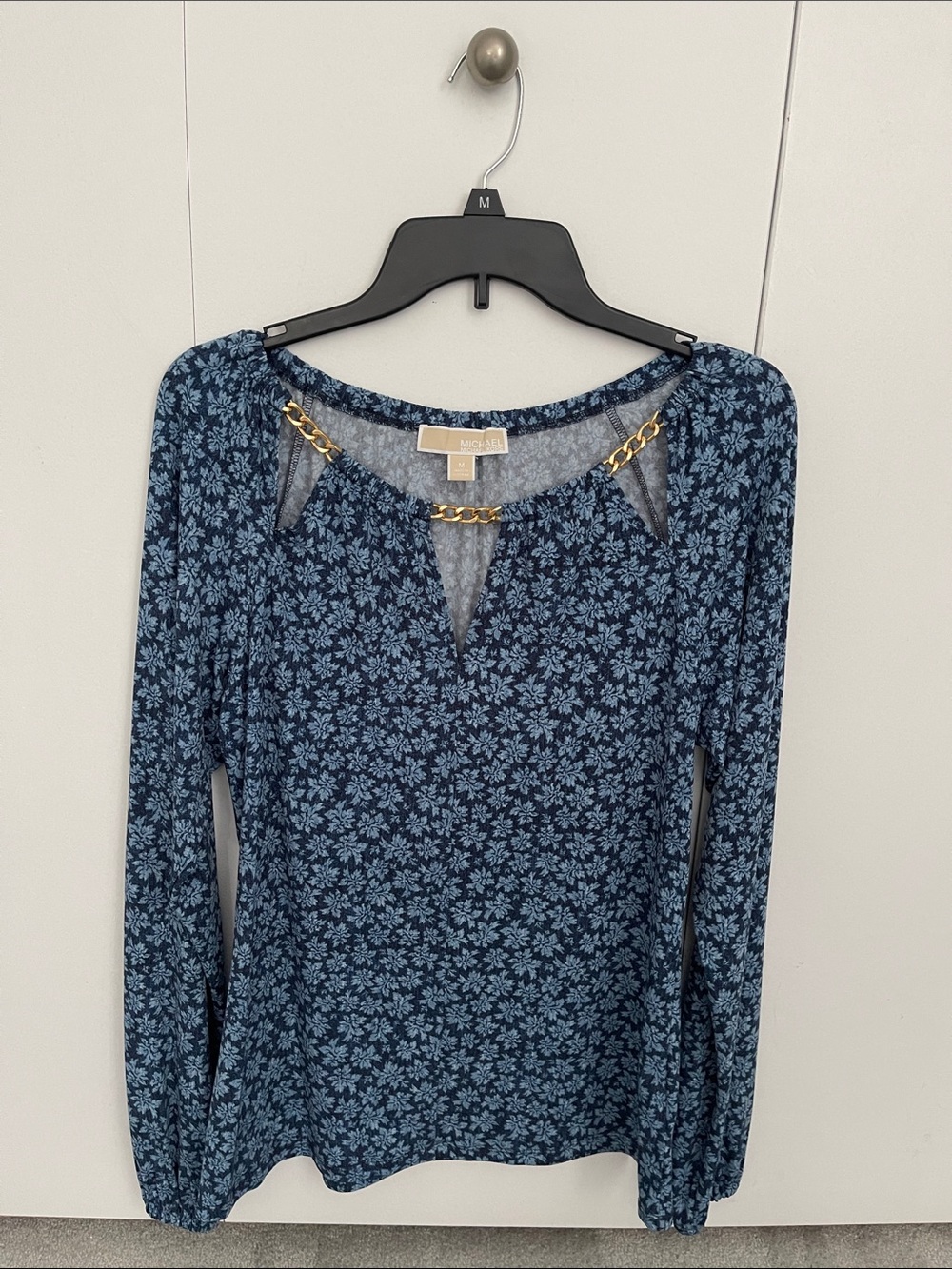MICHAEL Michael Kors Navy and Light Blue Floral Chain-Trim Long Sleeve Top